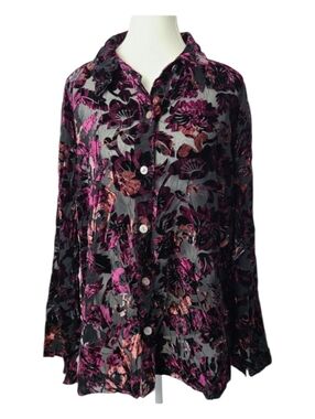 J.H. Collectibles Velvet Burnout Blouse | Long Sleeve Button Down | 26.5” PTP